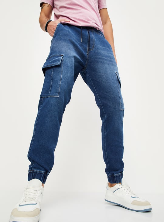 Men Carrot Fit Denim Cargo Joggers