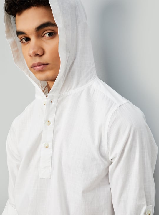 Boys Solid Hooded Shirt White Solid