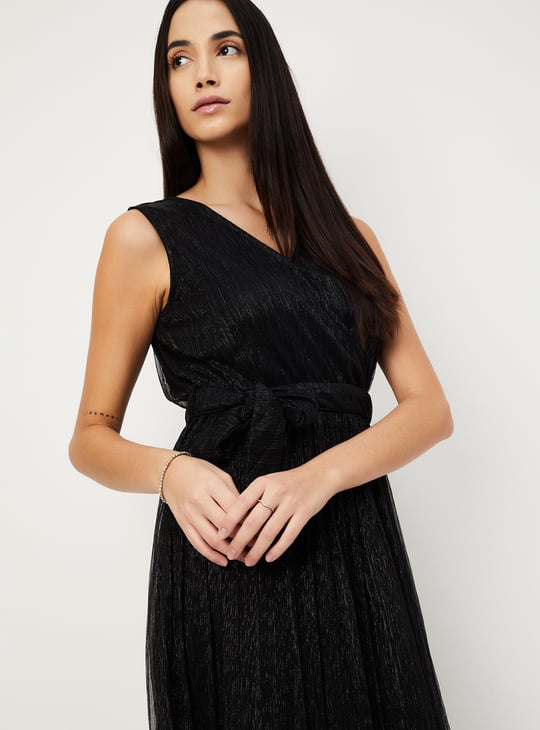 Women Shimmer Pleated Dress | Black | Self Design