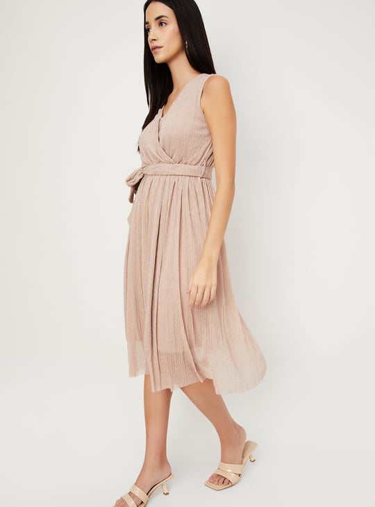 Women Shimmer Pleated Dress | Pink | Self Design