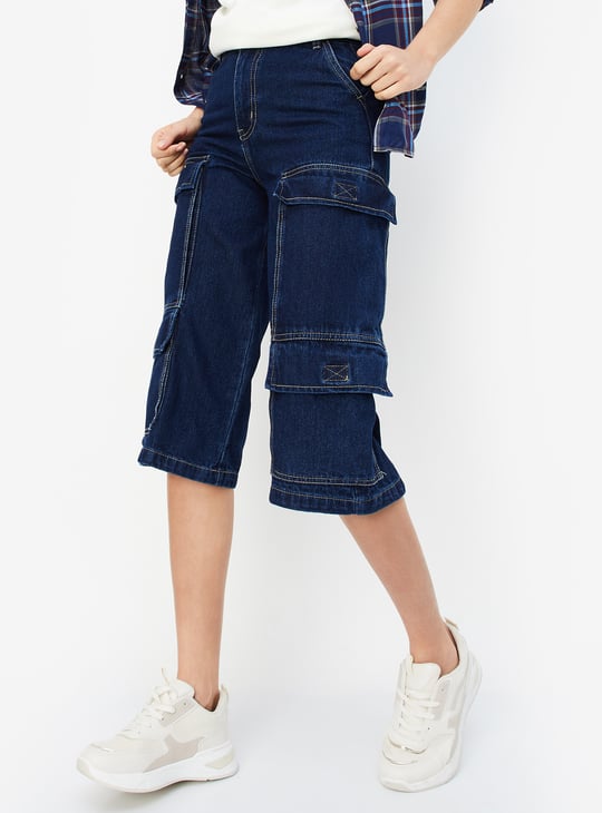 Women Solid Denim Capris with Cargo Pockets