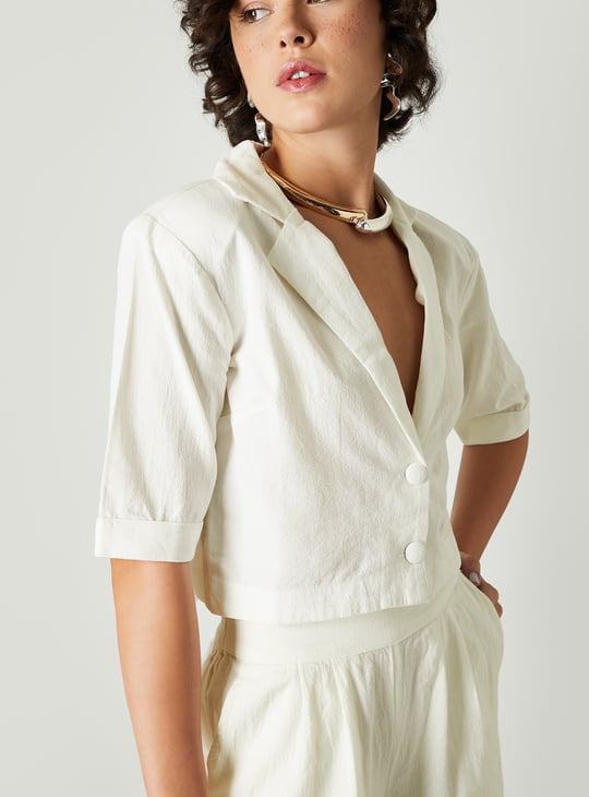 Women Solid Lapel Collar Cropped Top