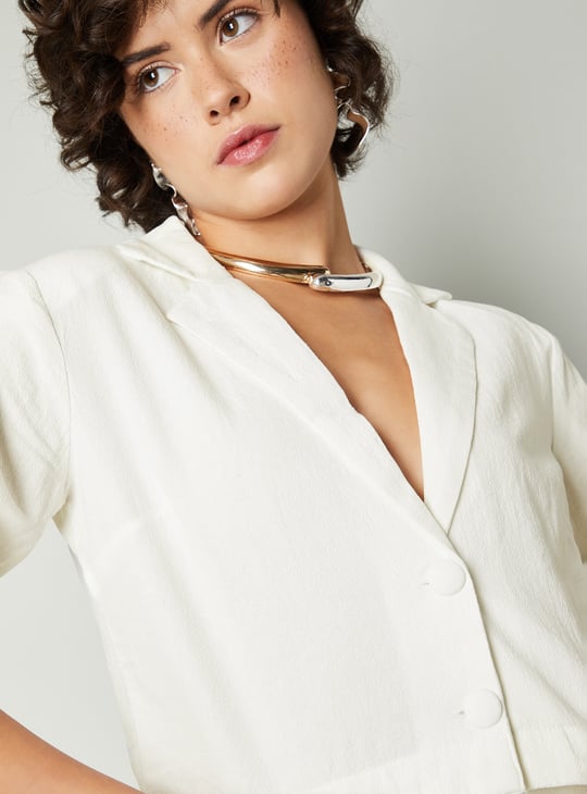 Women Solid Lapel Collar Cropped Top