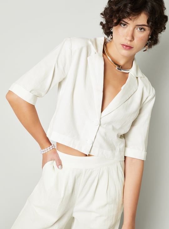 Women Solid Lapel Collar Cropped Top