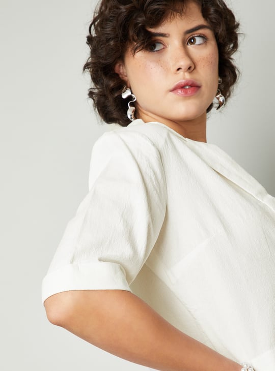 Women Solid Lapel Collar Cropped Top