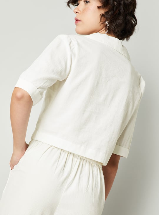 Women Solid Lapel Collar Cropped Top