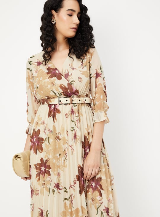 Women Floral Print Pleated Dress