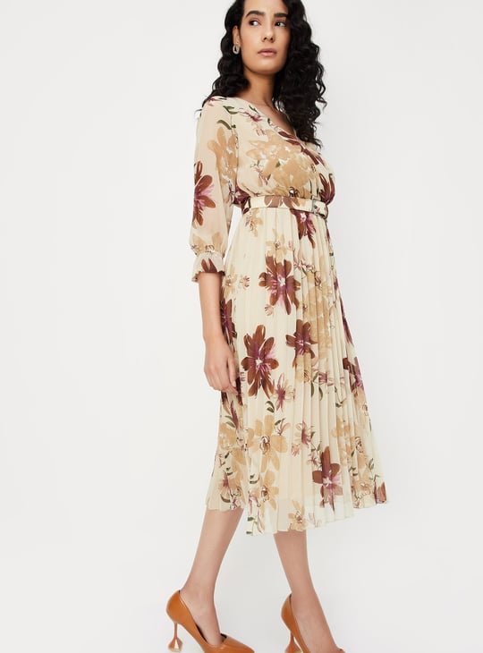 Women Floral Print Pleated Dress