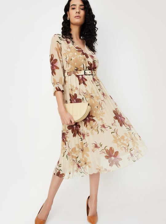 Women Floral Print Pleated Dress