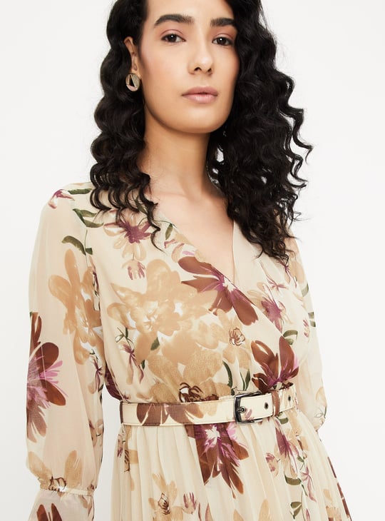 Women Floral Print Pleated Dress