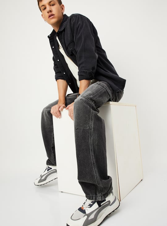 Men Faded Parachute Jeans with Cargo Pockets