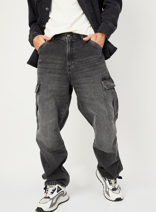 Men Faded Parachute Jeans with Cargo Pockets
