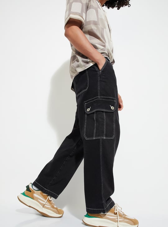 URB_N Men Loose Fit Cargo Jeans | Black | Cargos