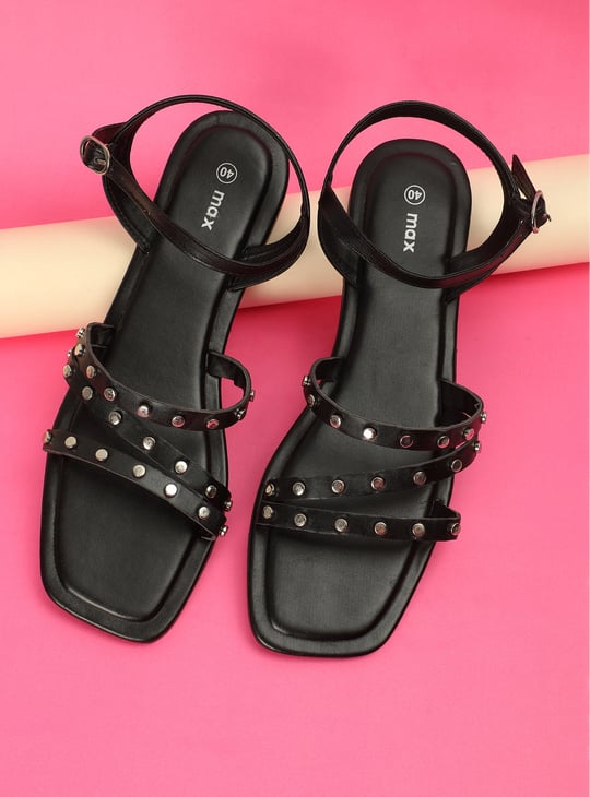 Women Studded Flat Sandals Black PU