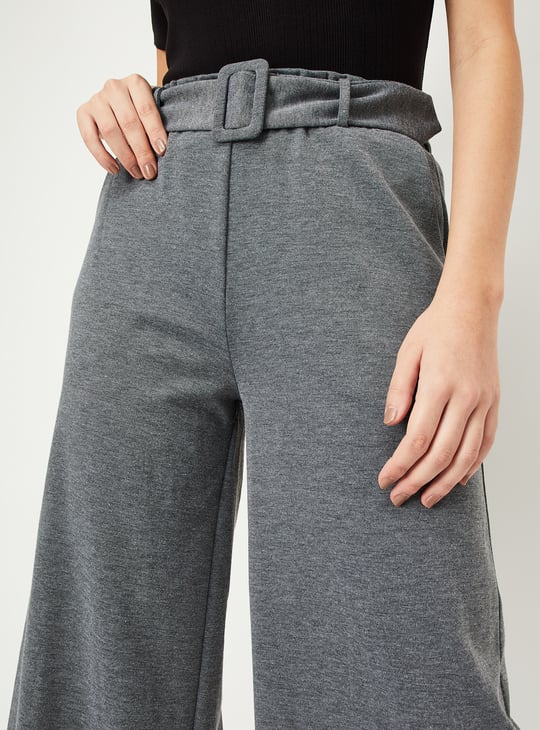 Women Solid Wide Leg Belted Trousers