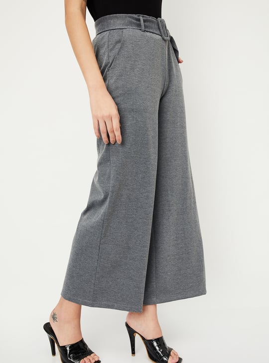 Women Solid Wide Leg Belted Trousers