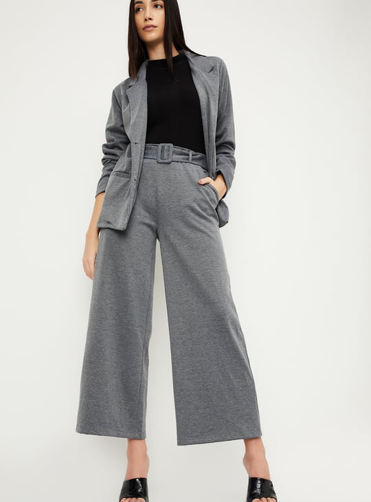 Women Solid Wide Leg Belted Trousers