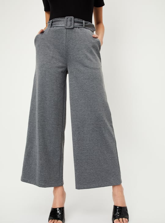 Women Solid Wide Leg Belted Trousers