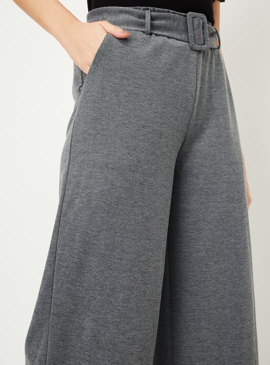 Women Solid Wide Leg Belted Trousers