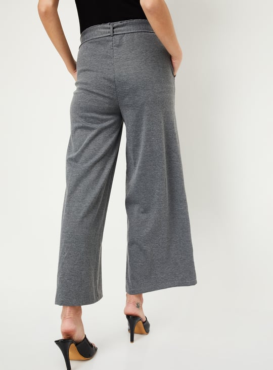 Women Solid Wide Leg Belted Trousers