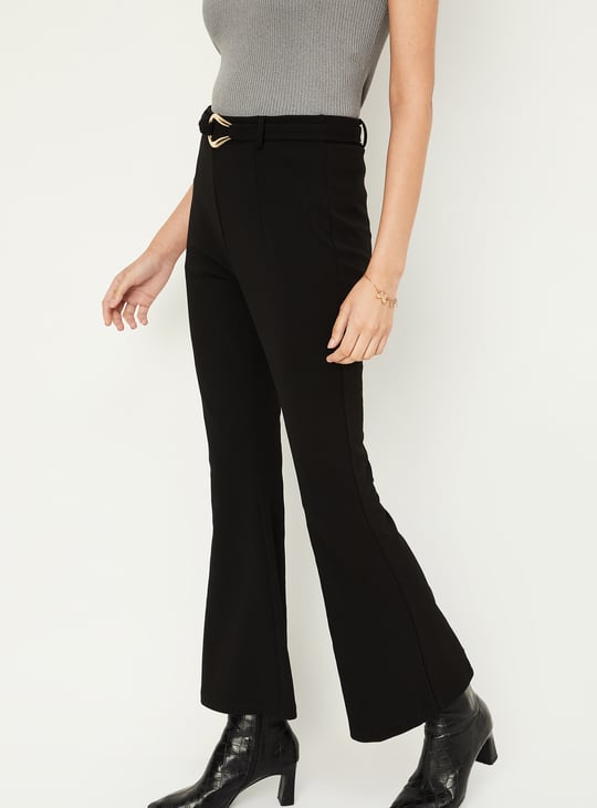 Women Solid Belted Kick Flare Trousers
