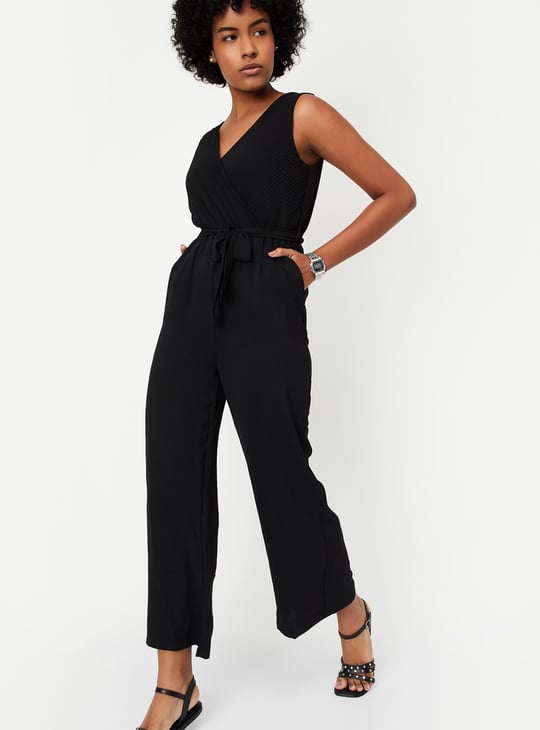 Women Textured Belted Jumpsuit