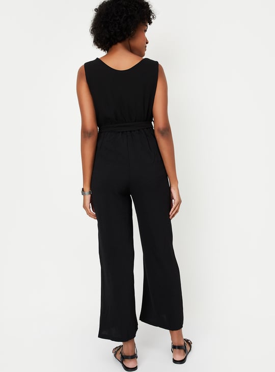 Women Textured Belted Jumpsuit