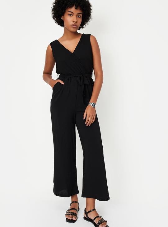 Women Textured Belted Jumpsuit