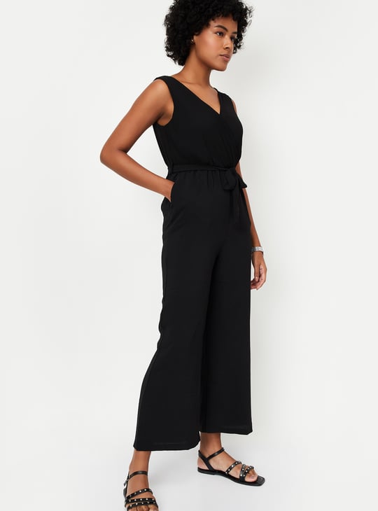 Women Textured Belted Jumpsuit