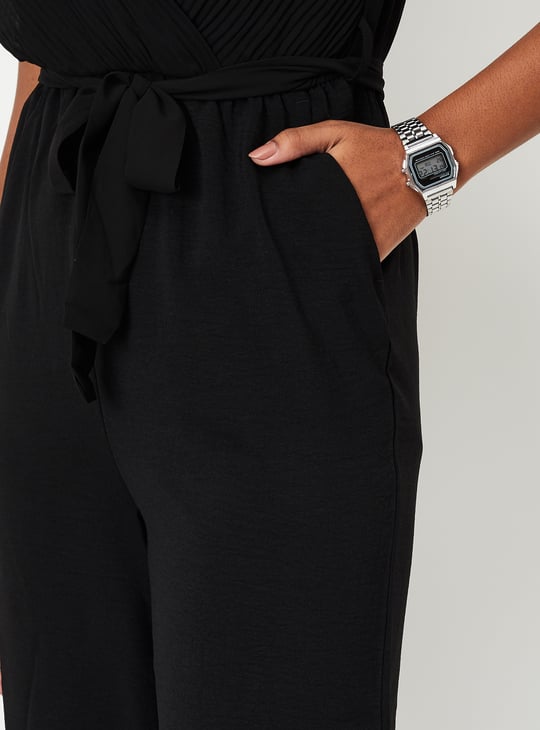 Women Textured Belted Jumpsuit