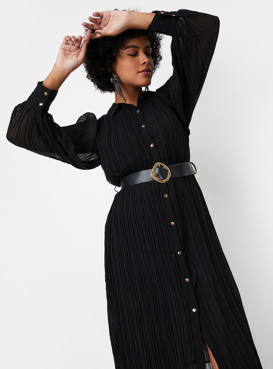 Women Pleated Shirt Dress with Belt