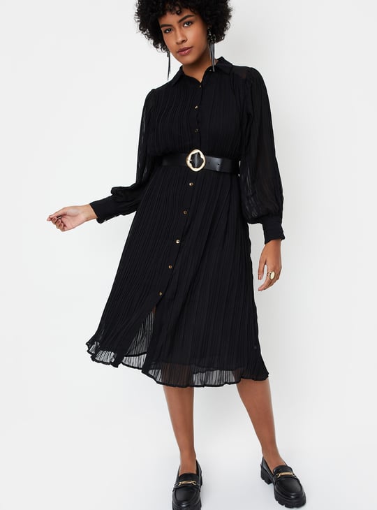 Women Pleated Shirt Dress with Belt