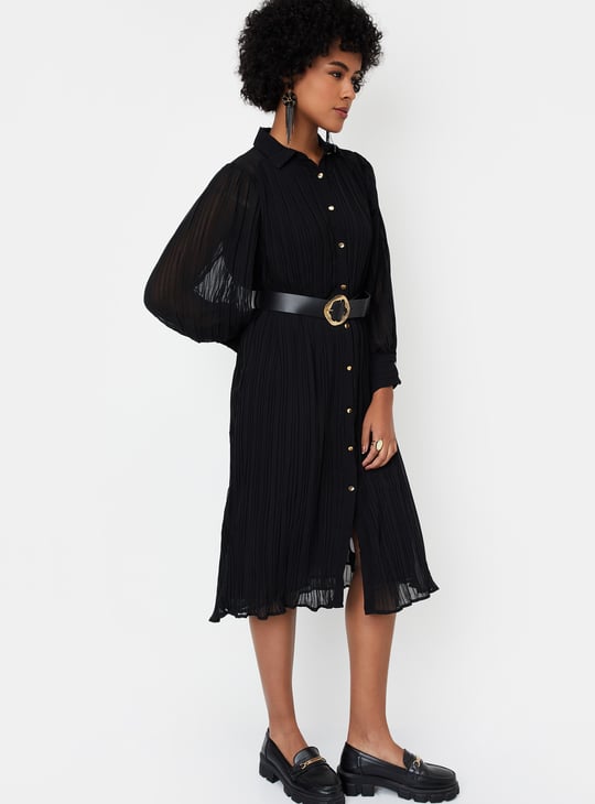 Women Pleated Shirt Dress with Belt