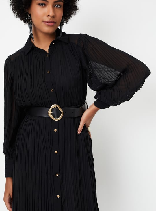Women Pleated Shirt Dress with Belt