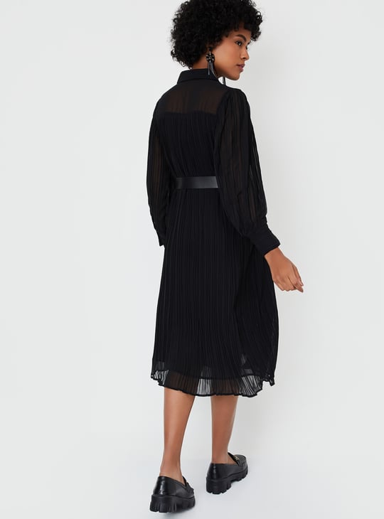 Women Pleated Shirt Dress with Belt