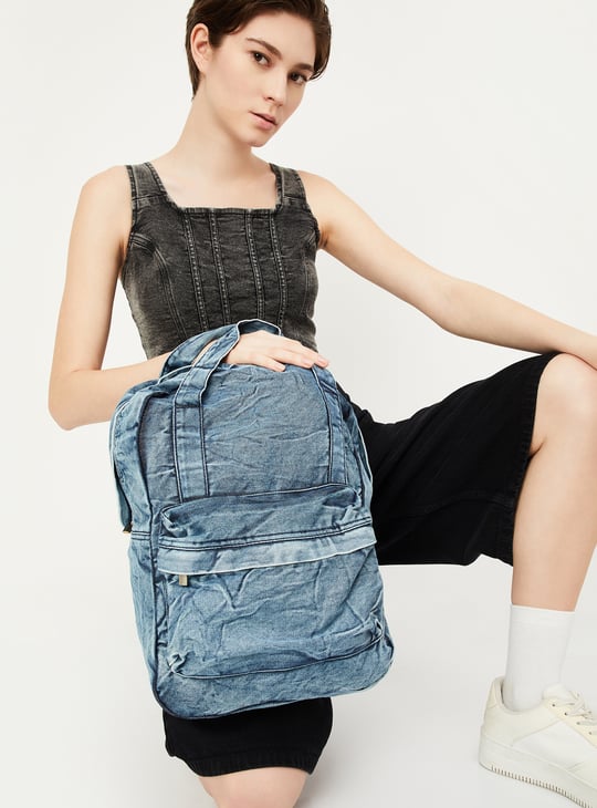 Acid Wash Denim Backpack Women Washed Denim Backpack Blue Cotton
