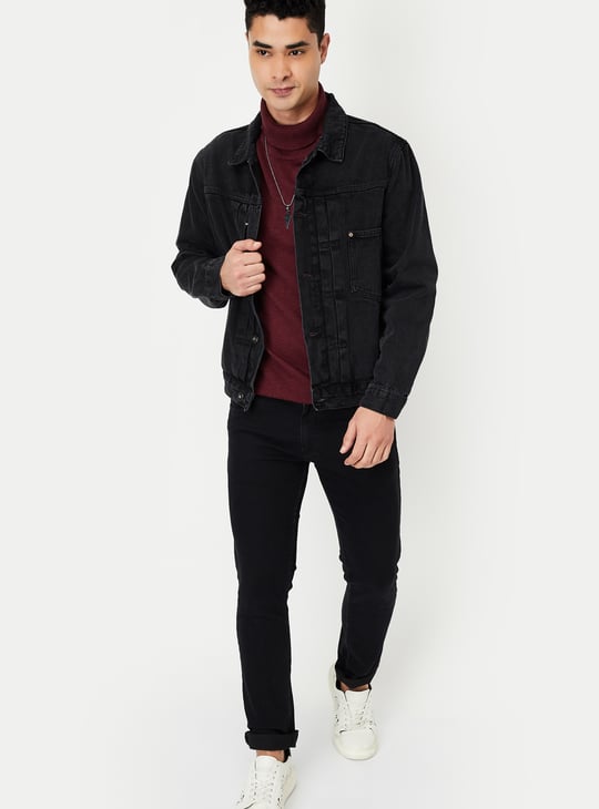 Men Solid Denim Jacket Black