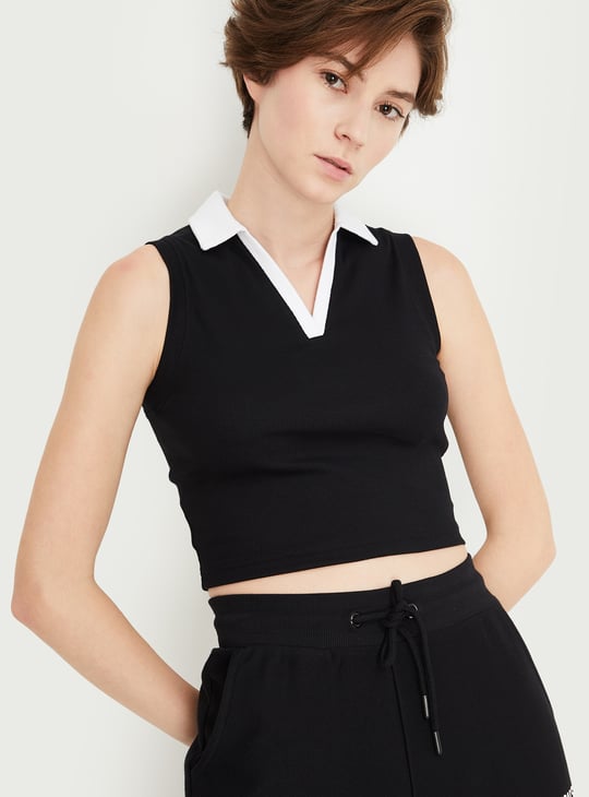 Women Ribbed Johnny Collar Crop Top