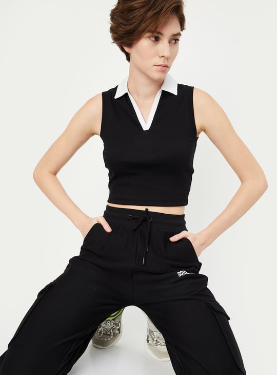 Women Ribbed Johnny Collar Crop Top