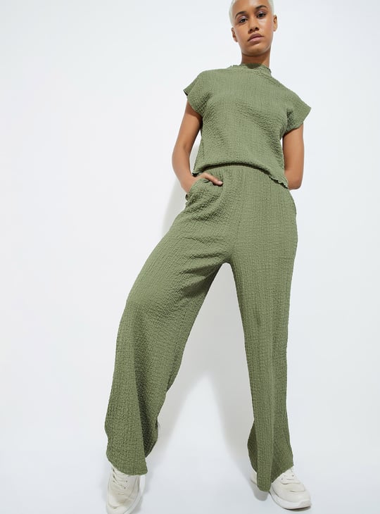 URB_N Women Textured Wide Leg Trousers Green Fashion Pants