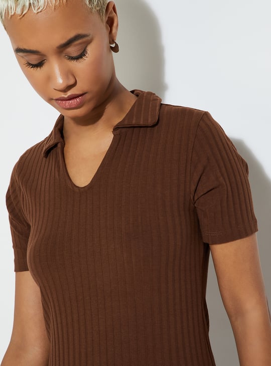 URB_N Women Ribbed Bodycon Dress Brown Solid