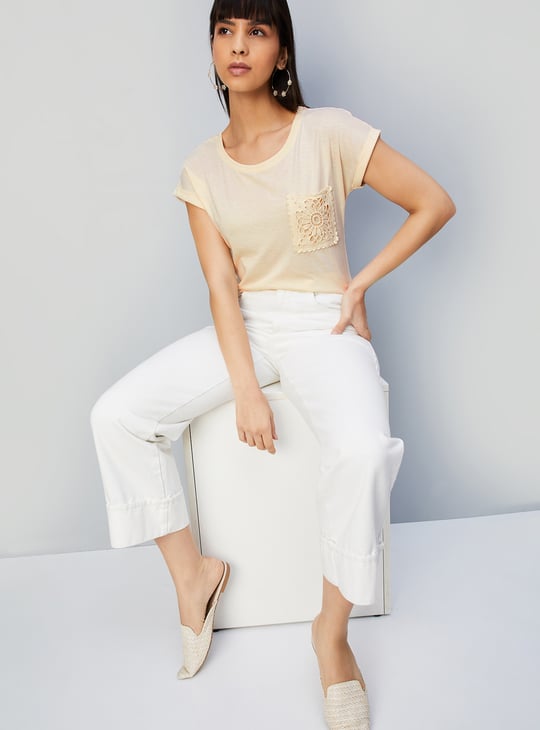 Women Solid T-shirt with Crochet Pocket