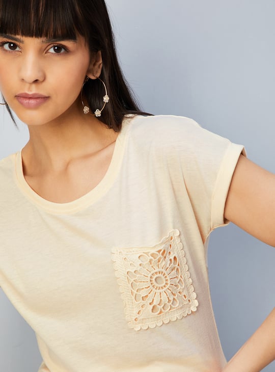 Women Solid T-shirt with Crochet Pocket