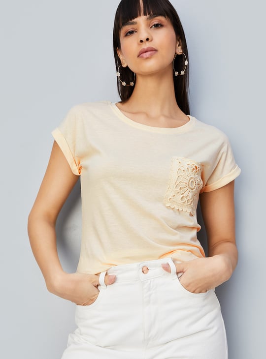 Women Solid T-shirt with Crochet Pocket