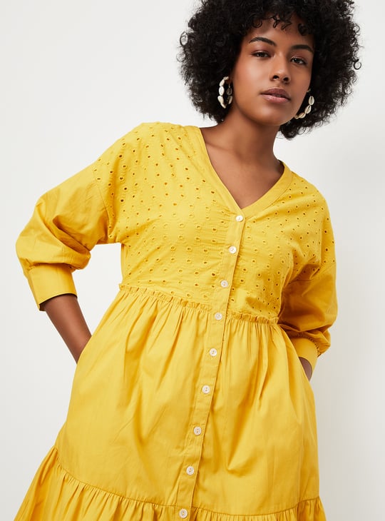 Women Schiffli Tiered Dress Yellow Embroidered
