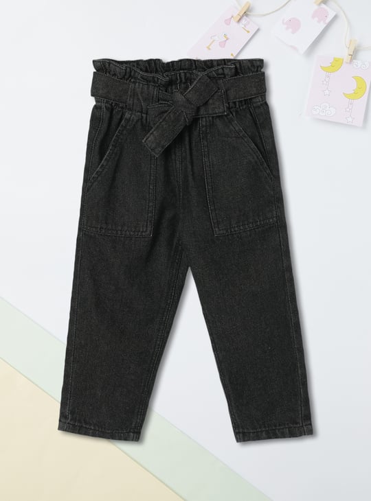 Girls Slim Fit Belted Rinsed Jeans