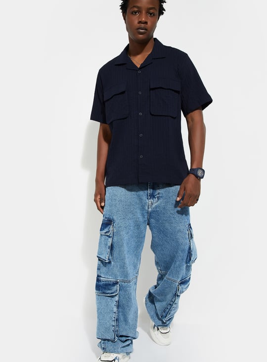 URB_N Men Relaxed Fit Textured Flap Pocket Shirt | Blue | Textured