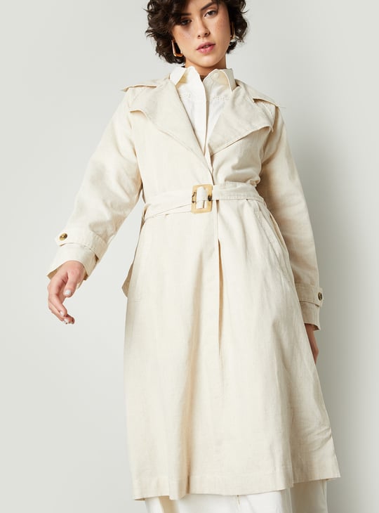 Women Solid Trench Coat with Belt