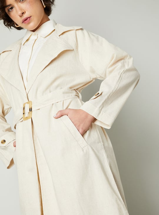 Women Solid Trench Coat with Belt
