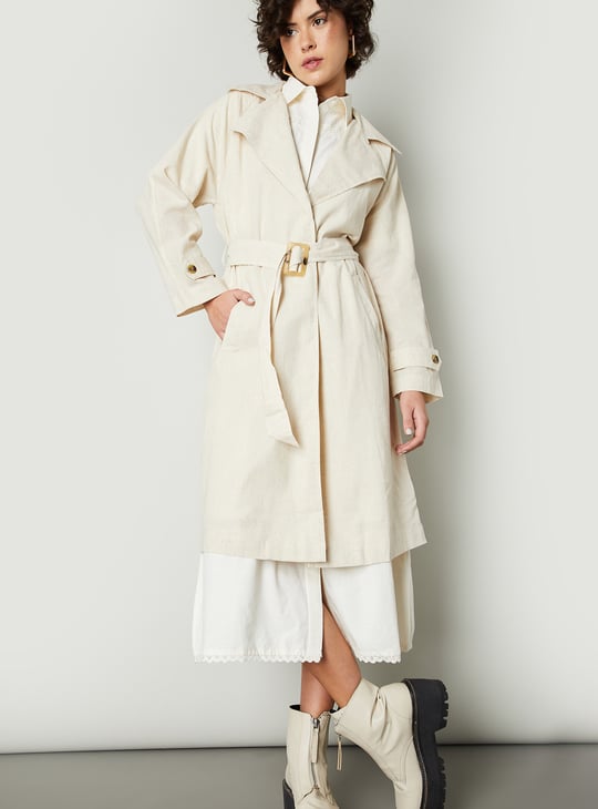 Women Solid Trench Coat with Belt